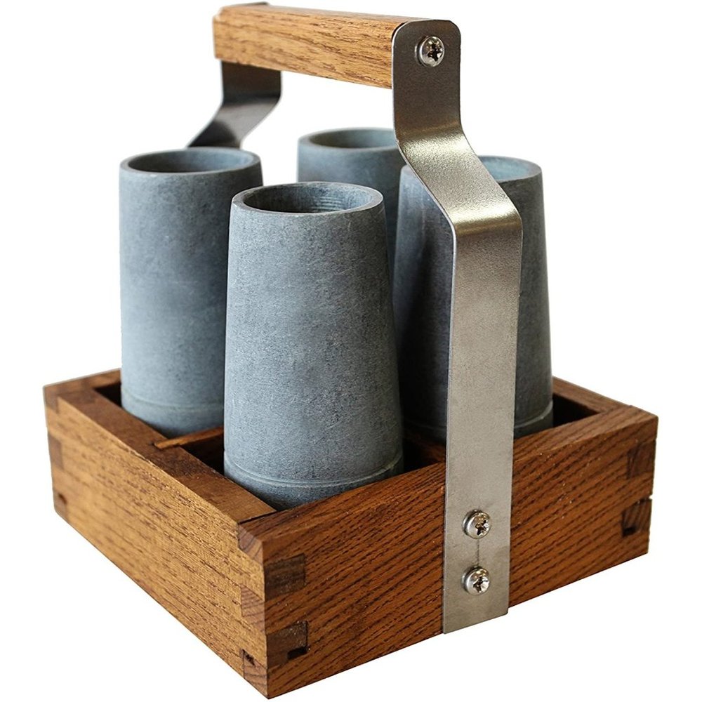 Vodka Shooter Set of 4 Soapstone Sparq Home w Ash Wood Caddy Top Shelf Barware